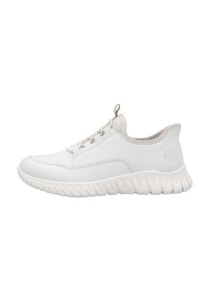 White leather sneaker with a textured mesh collar, elastic laces, and a thick, ridged sole. Logo embossed on the heel.