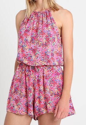 Rosa Jumpsuit mit Blumenmuster, ausgestattet mit einem Halterneck, gerafftem Stoff und einem elastischen Taillenbund mit Kordelzug.