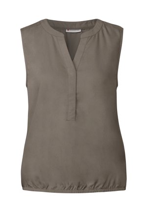 Sleeveless top in soft, taupe fabric with a V-neckline, gently gathered at the hem, featuring a smooth texture and clean design.