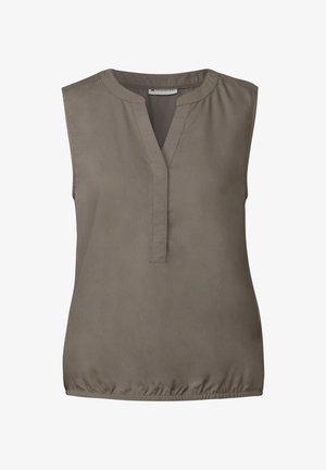 Mouwloos top in zachte, taupe stof met een V-halslijn, zachtjes gerimpeld aan de zoom, met een gladde textuur en een strak ontwerp.