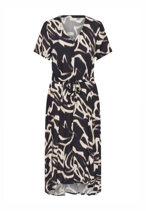 Abito a maniche corte in tessuto blu scuro con motivo astratto bianco, scollatura a V, cintura in vita e orlo fino al ginocchio. Dettagli con bottoni sulla parte anteriore.