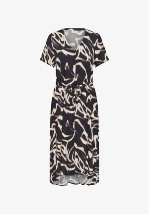 Abito a maniche corte in tessuto blu scuro con motivo astratto bianco, scollatura a V, cintura in vita e orlo fino al ginocchio. Dettagli con bottoni sulla parte anteriore.