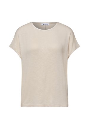 Beige damestop met korte mouwen, ronde hals, rechte zoom en een losse pasvorm, merk Street One.