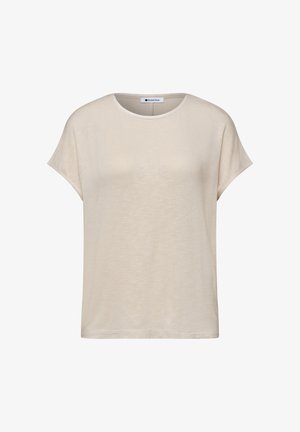 Beige damestop met korte mouwen, ronde hals, rechte zoom en een losse pasvorm, merk Street One.