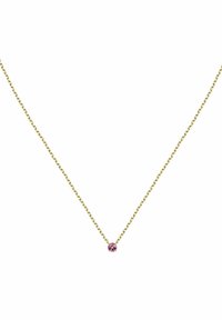 Goldene Kettenhalskette mit einem zarten Gliederdesign und einem kleinen lila Edelsteinakzent in der Mitte.