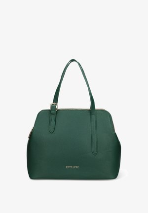 Borsa a mano in pelle verde con texture a grana, doppio manico superiore, chiusura con cerniera e marchio dorato sul davanti. Caratterizzata da una forma strutturata.