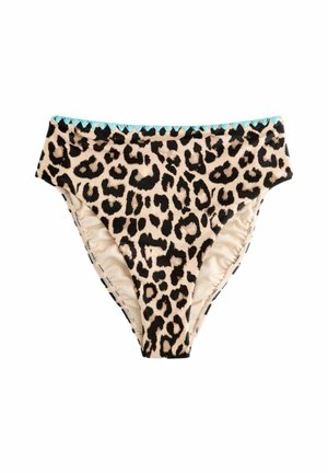 Leopardimustriga bikiinipõhjad kõrgete jalgade lõigetega ja sinise siksak-lõikega vöökohal.