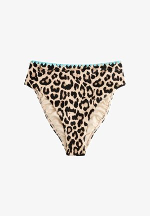 Dół od bikini w panterkę z wysokimi wycięciami na nogi oraz niebieskim zygzakowatym wykończeniem na pasku.