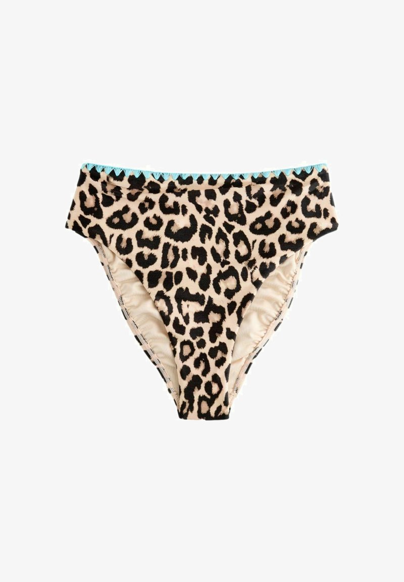 Bikiny s leopardím vzorom, spodná časť s vysokými výrezmi na nohách a modrým cikcakovým lemom pozdĺž pásu.