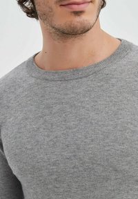 Pull-over en tricot gris avec un col rond, présentant une texture douce et un motif chiné subtil. Gros plan sur le cou et la partie supérieure de la poitrine.