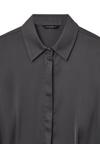 Graue Bluse mit Kragen und glatter, satinähnlicher Textur. Sie verfügt über eine durchgängige Knopfleiste und ein minimalistisches Design ohne Muster.