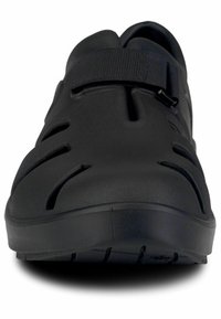 Black clogs with a smooth, matte finish. Features an adjustable strap and ventilation holes along the sides for breathability.