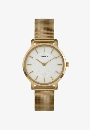 Złoty zegarek Timex z białą teksturowaną tarczą, złotymi znacznikami godzin i siatkowym paskiem. Posiada okrągłą kopertę i minimalistyczny design.