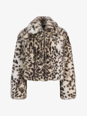 Īss mēteļa ar leopardu raksta mākslīgās kažokādas audums ar garām piedurknēm un platu apkakli, ko raksturo bēšas, brūnas un melnas plankumu kombinācija.