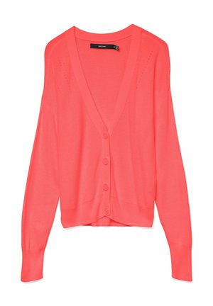 Koraalrood gebreide cardigan met V-hals, knoopsluiting, lange mouwen en geribbelde zoom. Heeft subtiele perforaties langs de schouders.