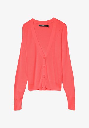Coral knitted cardigan with V-neck, button closure, long sleeves, and ribbed hem. Features subtle perforations along the shoulders.