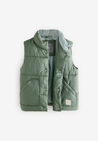 Veste matelassée verte sans manches avec boutons-pression, deux poches avant et un col montant, présentée sur fond blanc.