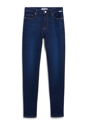 Dunkelblaue Skinny Jeans aus Denim mit fünf Taschen, Knopfverschluss und subtiler Ausbleichung an der Vorderseite. Mit gelben Nähten.