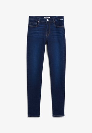 Dunkelblaue Skinny Jeans aus Denim mit fünf Taschen, Knopfverschluss und subtiler Ausbleichung an der Vorderseite. Mit gelben Nähten.