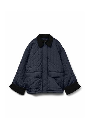 Veste matelassée bleu marine avec un col et des poignets en velours côtelé noir ; dotée de deux poches avant et d'une fermeture à boutons. Texture douce et coupe décontractée.