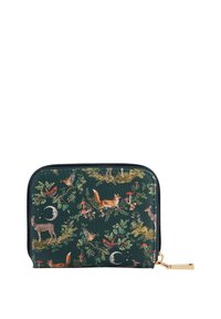 Green leather wallet with animal and plant pattern, featuring foxes, deer, and mushrooms. Gold zipper pull adds a metallic accent.