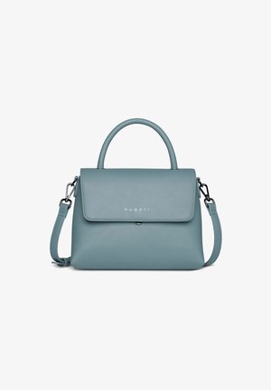 Borsa in morbida pelle blu tenue con una forma strutturata, manico superiore, tracolla rimovibile e logo sottile sul davanti.