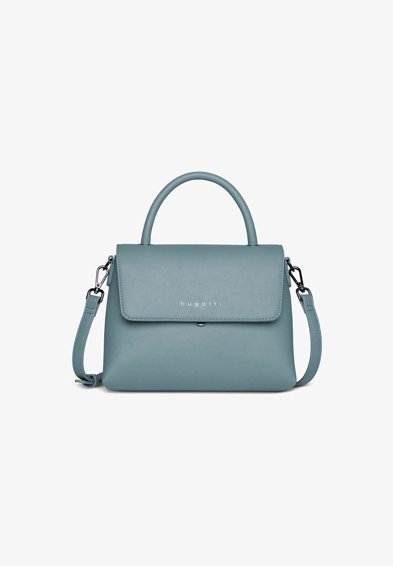 Handtasche aus weichem, gedecktem blauen Leder mit strukturierter Form, Oberhandgriff, abnehmbarem Schulterriemen und dezentem Logo auf der Vorderseite.