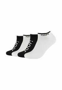 Tre paia di calzini alla caviglia in bianco e nero, con logo, texture liscia e design aderente, ideali per l'uso quotidiano.