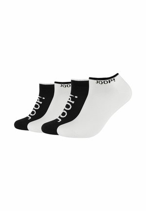 Drei Paar Knöchelsocken in Schwarz und Weiß, mit einem Logo, glatter Textur und passgenauer Form, ideal für den täglichen Gebrauch.