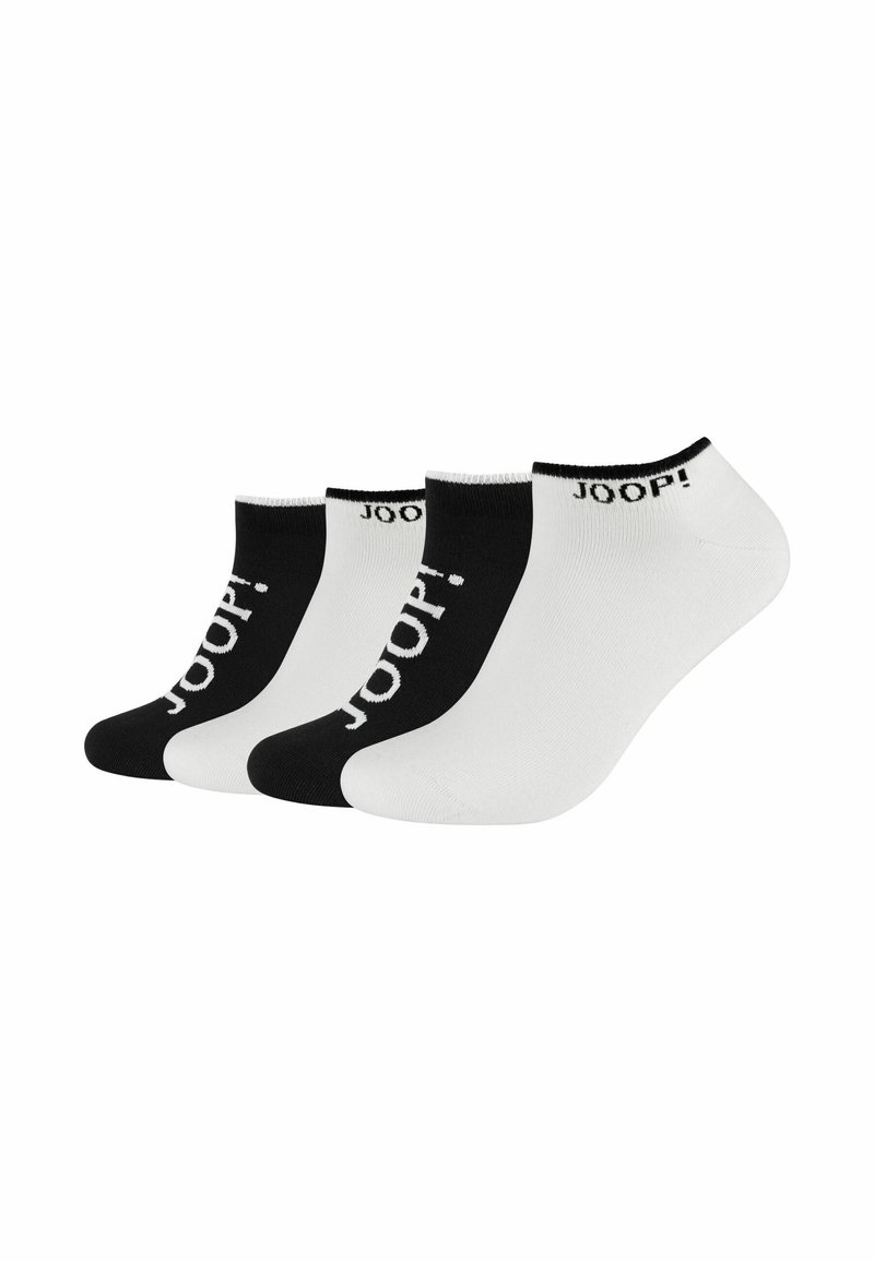 Tre paia di calzini alla caviglia in bianco e nero, con logo, texture liscia e design aderente, ideali per l'uso quotidiano.