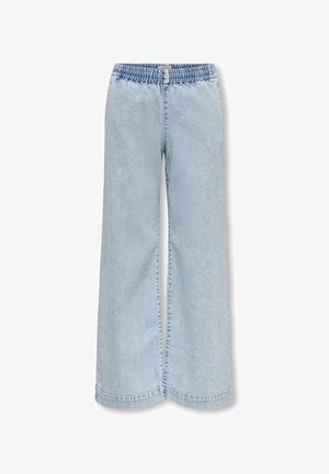 Lyseblå vide jeansbukser med elastisk midje og uten synlige lommer, vist på hvit bakgrunn.