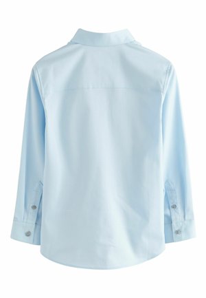 Hellblaues Langarmhemd mit Kragen, knöpfbaren Manschetten und abgerundetem Saum. Glattes Material mit einem klaren, schlichten Design. Rückansicht.