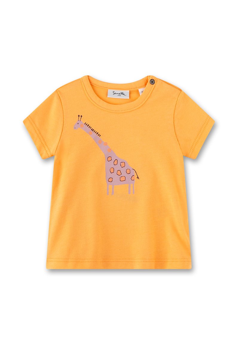 Orange cotton t-shirt featuring a purple giraffe graphic with brown spots, rounded neck, short sleeves, and side snap closure.