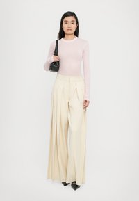 Un top roz deschis cu mâneci lungi și decolteu tip echipaj, asortat cu pantaloni largi din material plisat de culoare crem și pantofi negri cu vârf ascuțit, ținând în mână o geantă neagră.