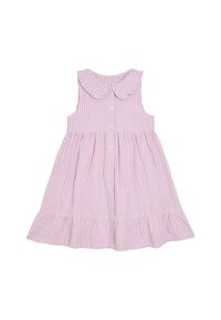 Ärmelloses rosa-weiß gestreiftes Kleid mit Rüsche-Kragen, Knopfleiste und gestuftem Saum. Hergestellt aus leichtem Stoff.