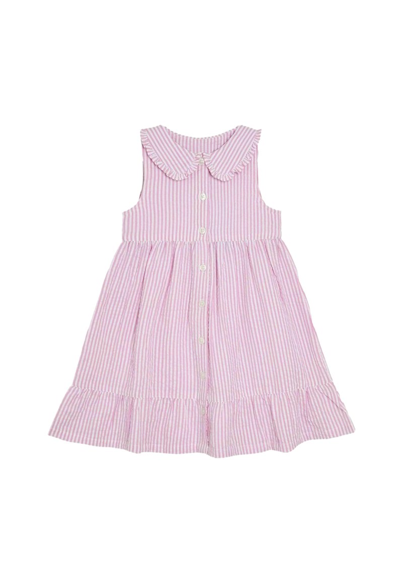 Ärmelloses rosa-weiß gestreiftes Kleid mit Rüsche-Kragen, Knopfleiste und gestuftem Saum. Hergestellt aus leichtem Stoff.