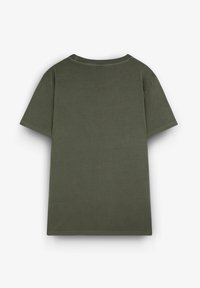 Olivengrøn kortærmet T-shirt lavet af bomuld. Rund hals med lige snit og sømløse skuldre. Blød tekstur, enkelt design.