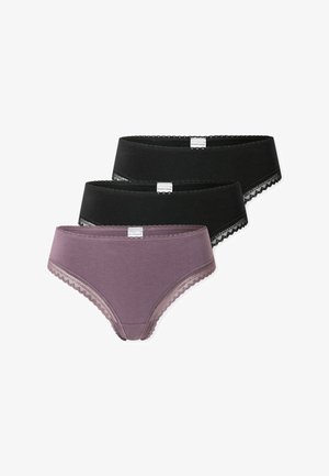 Three pairs of women’s underwear in black and mauve. Features soft cotton material, lace trim accents, and a simple, smooth design.