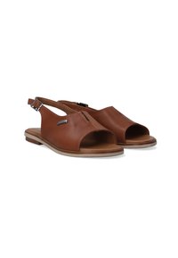 Bruine leren sandalen met een open teen, achterband en een kleine metalen accent aan de zijkant. Platte zool met een natuurlijke houtachtige afwerking.
