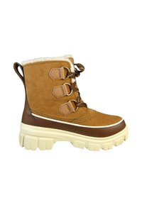 Stivale in camoscio marrone per l'inverno con tre ganci per lacci, fodera in pelliccia sintetica, suola spessa color crema e cuciture dettagliate lungo la parte superiore.