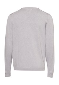 Pullover grigio chiaro a maniche lunghe, realizzato in un tessuto morbido, con un semplice scollo rotondo e polsini e orlo a coste. Nessun motivo o accentuazione visibile.