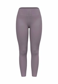 Paarse leggings van rekbare stof, met een hoge tailleband en een subtiele logodetail aan de linkerkant. Soepele, lichte textuur.