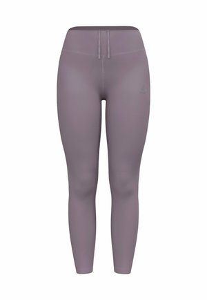 Lila Leggings aus dehnbarem Material, mit einem hohen Bund und einem dezenten Logo-Detail auf der linken Seite. Glatte, leichte Textur.
