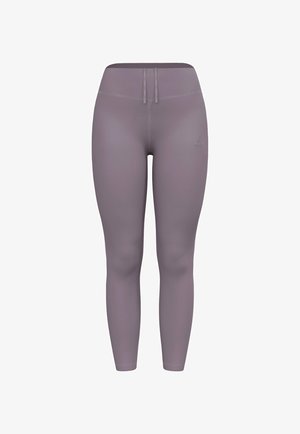 Lila Leggings aus dehnbarem Material, mit einem hohen Bund und einem dezenten Logo-Detail auf der linken Seite. Glatte, leichte Textur.