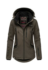 Women's olive green softshell jacket with hood, front and chest zip pockets, and "Marikoo Mountain" branding on arm and chest.