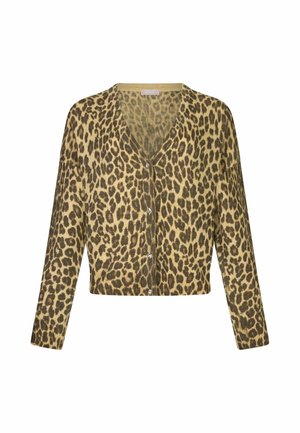 Cardigan con stampa leopardata in beige e marrone, con scollo a V, maniche lunghe e cinque bottoni frontali. Tessuto a maglia morbido e design cropped.