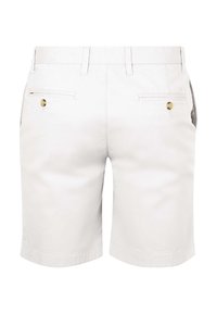 White cotton shorts with a straight cut, featuring two back pockets with gold buttons and belt loops, smooth texture, and a clean finish.