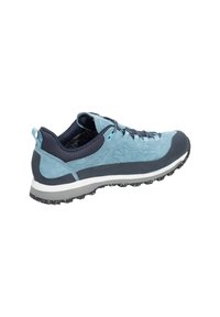 Blue suede hiking shoe with a dark navy mesh collar, textured design on the sides, and a patterned black rubber outsole.