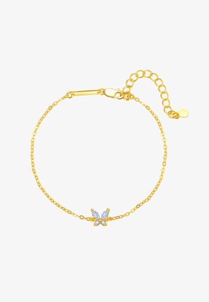 Bracelet en chaîne en or avec un pendentif en forme de papillon comportant quatre pierres précieuses claires en son centre, ainsi qu'un fermoir ajustable et une chaîne d'extension.