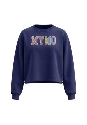 Marineblå langærmet sweatshirt med ribmanchetter og flerfarvede glitrende bogstaver, der staver "MYMO" på forsiden.